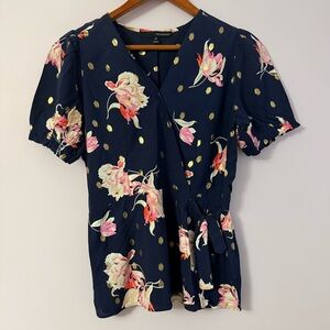 Harvé Benard Navy Top with Pink Floral Trim and Gold Dot Accents